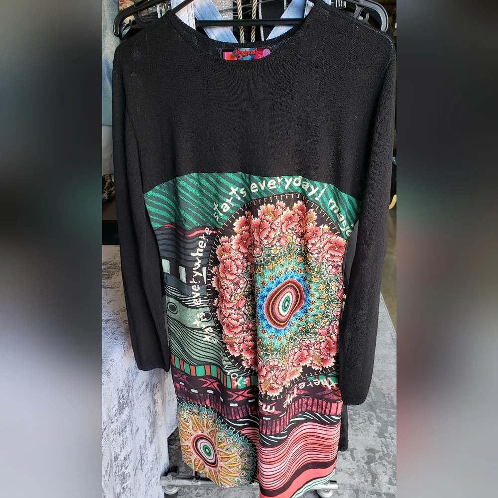 Desigual Spain floral embroidered dress with sheer mesh top and sleeves - Picture 3 of 11